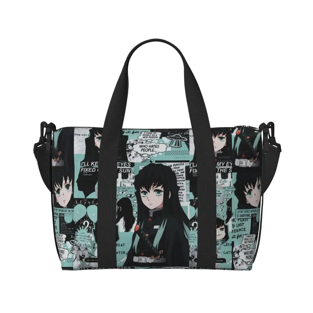 Custom Demons Slayers Anime Manga Beach Tote Bag for Women Tanjiro Kamado Nezuko Big Compartment Gym Beach Travel Bags