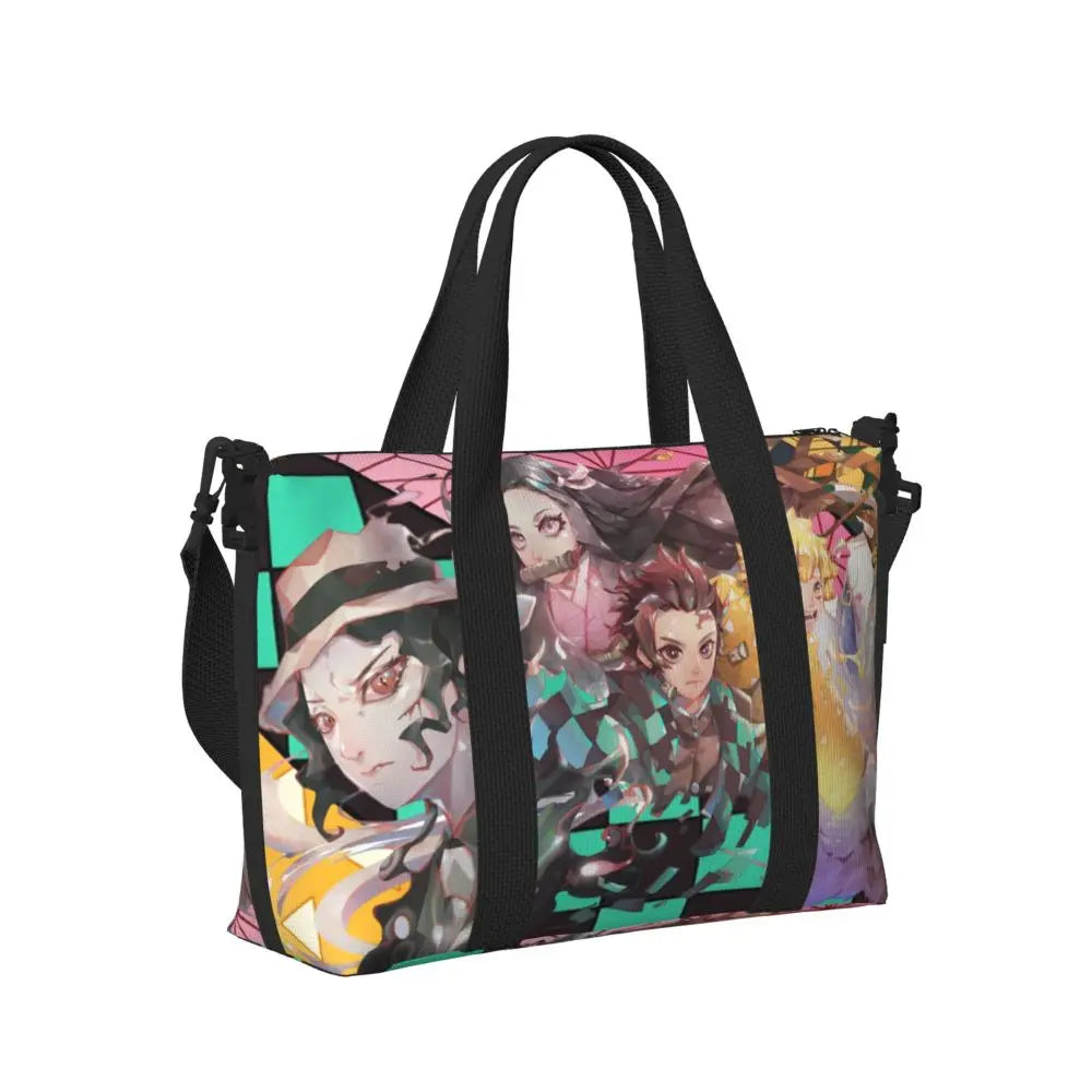 Custom Demons Slayers Anime Manga Beach Tote Bag for Women Tanjiro Kamado Nezuko Big Compartment Gym Beach Travel Bags