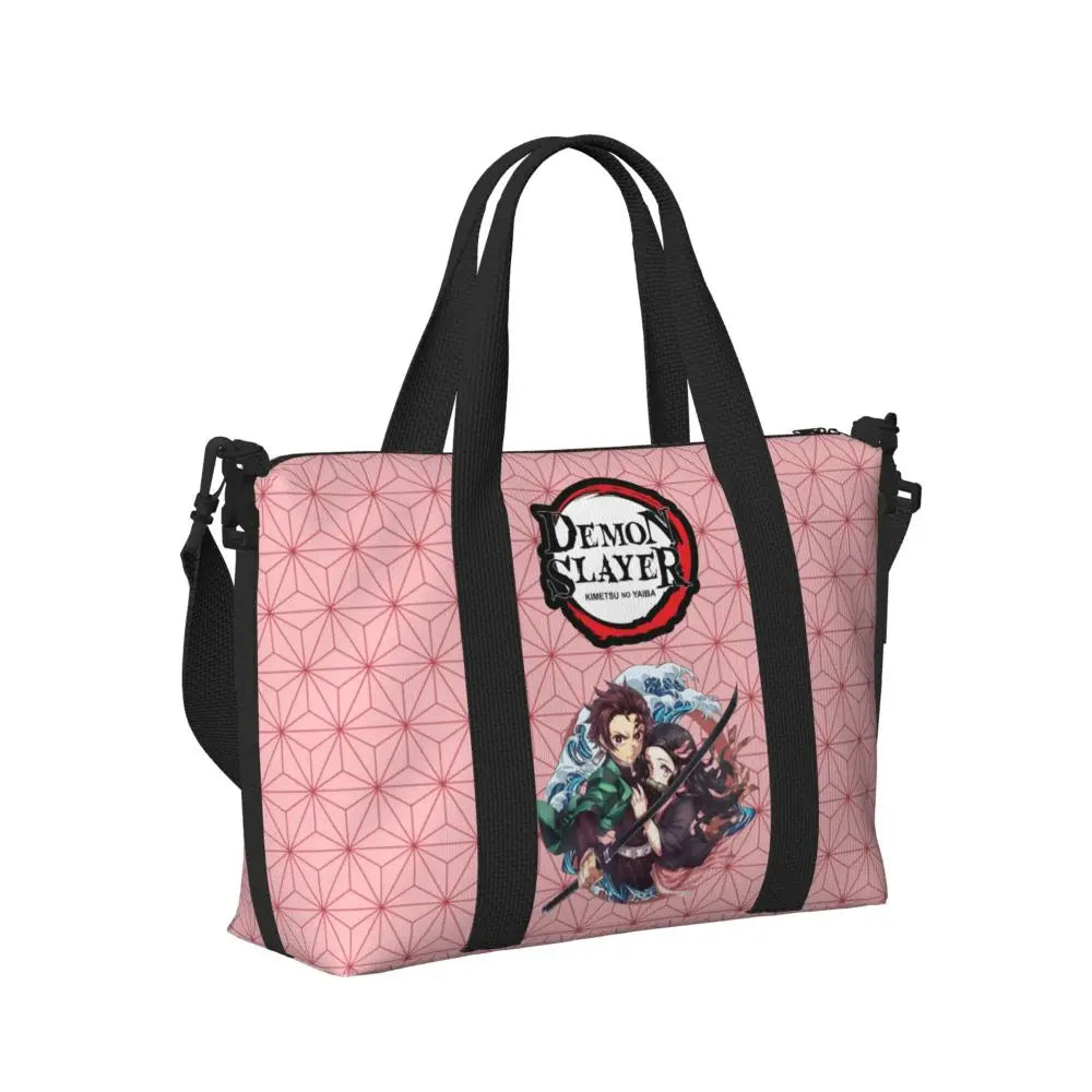 Custom Demons Slayers Anime Manga Beach Tote Bag for Women Tanjiro Kamado Nezuko Big Compartment Gym Beach Travel Bags