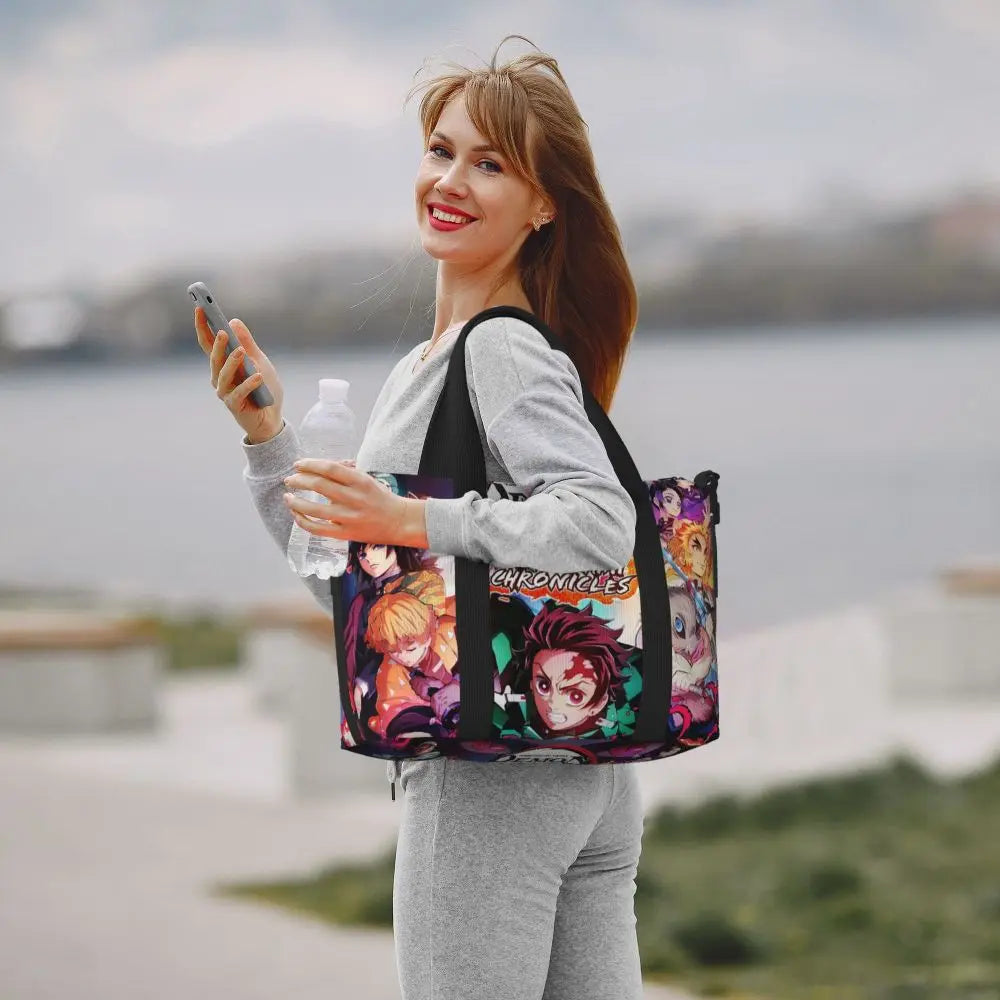 Custom Demons Slayers Anime Manga Beach Tote Bag for Women Tanjiro Kamado Nezuko Big Compartment Gym Beach Travel Bags
