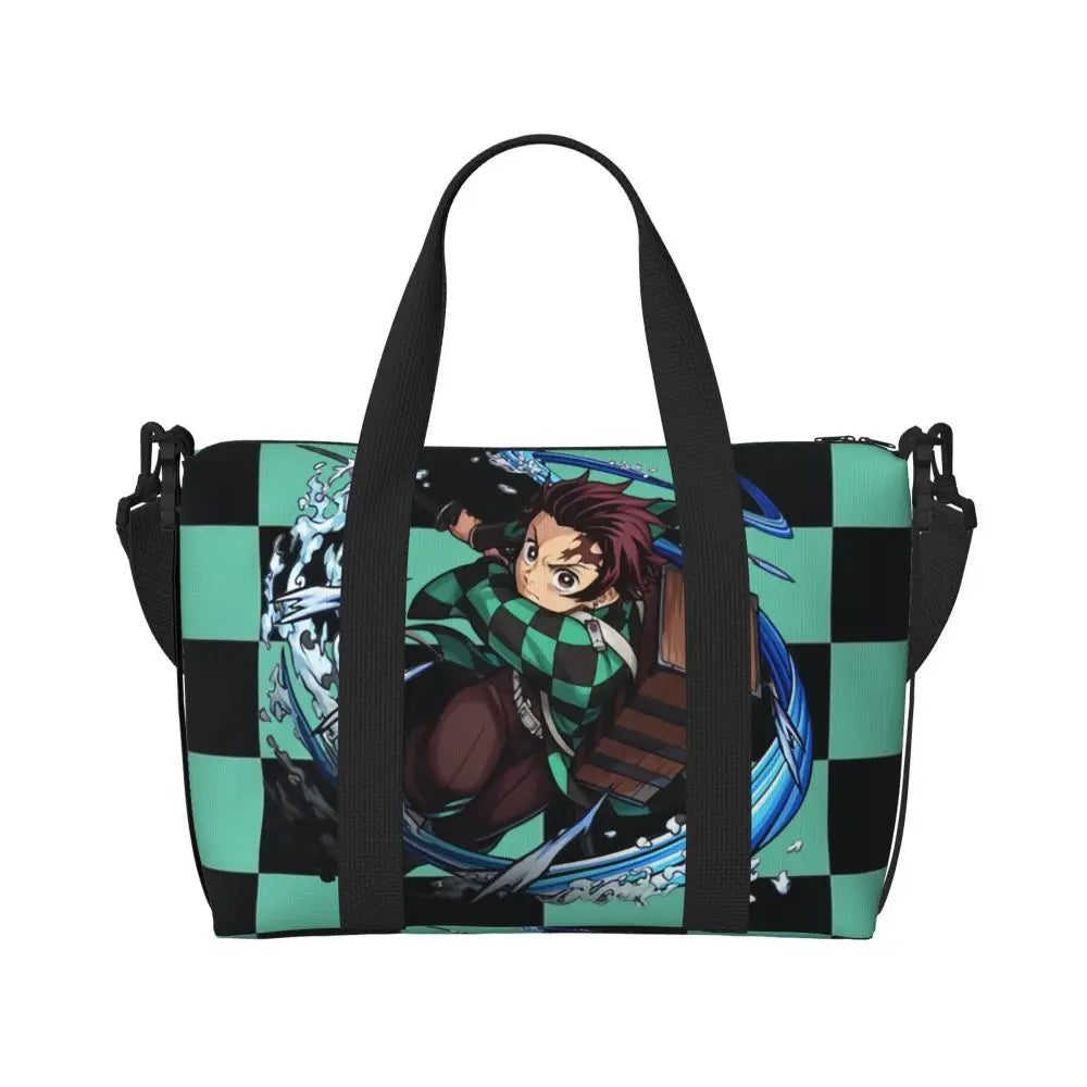Custom Demons Slayers Anime Manga Beach Tote Bag for Women Tanjiro Kamado Nezuko Big Compartment Gym Beach Travel Bags