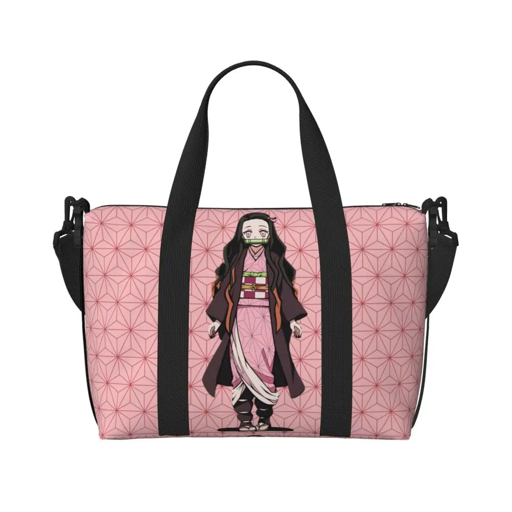 Custom Demons Slayers Anime Manga Beach Tote Bag for Women Tanjiro Kamado Nezuko Big Compartment Gym Beach Travel Bags