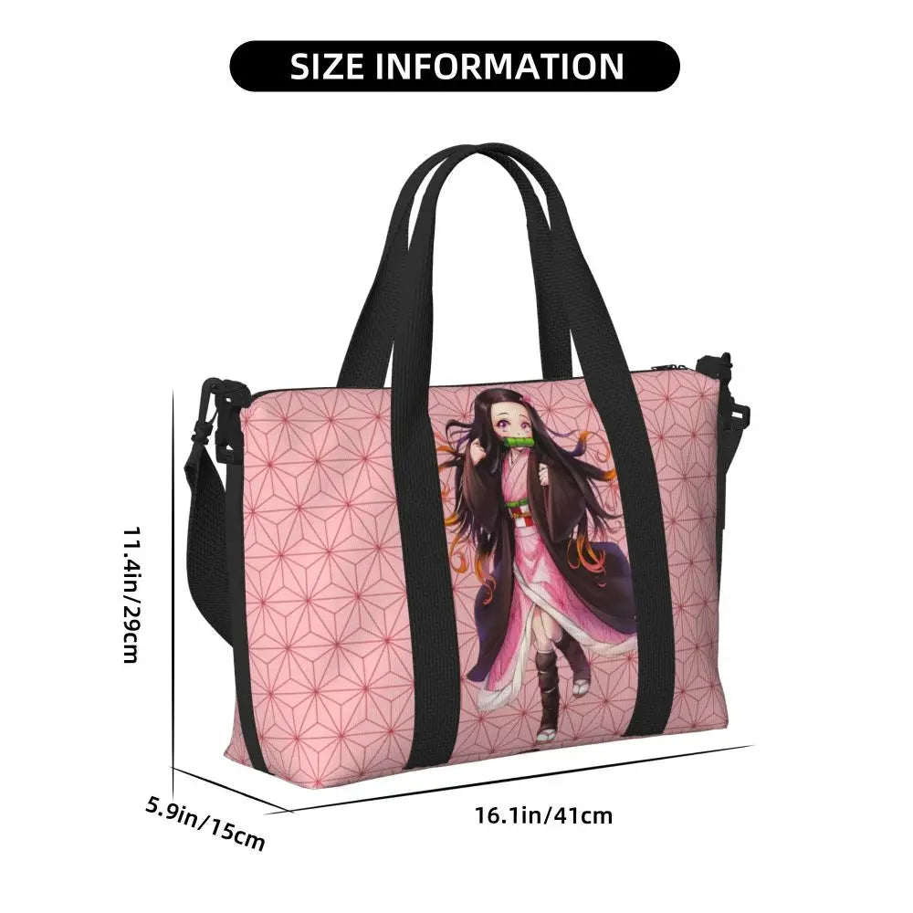 Custom Demons Slayers Anime Manga Beach Tote Bag for Women Tanjiro Kamado Nezuko Big Compartment Gym Beach Travel Bags