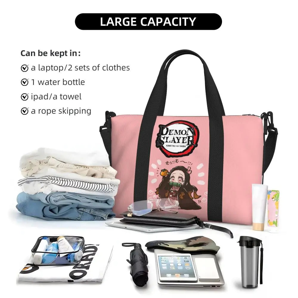 Custom Demons Slayers Anime Manga Beach Tote Bag for Women Tanjiro Kamado Nezuko Big Compartment Gym Beach Travel Bags
