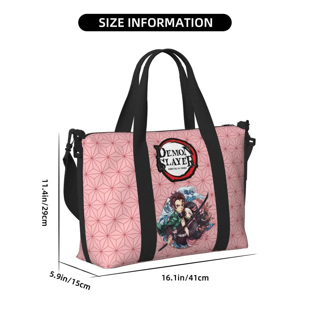 Custom Demons Slayers Anime Manga Beach Tote Bag for Women Tanjiro Kamado Nezuko Big Compartment Gym Beach Travel Bags