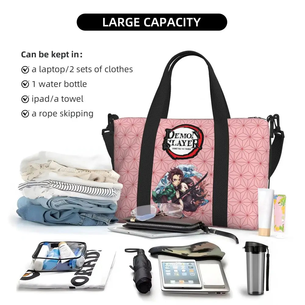 Custom Demons Slayers Anime Manga Beach Tote Bag for Women Tanjiro Kamado Nezuko Big Compartment Gym Beach Travel Bags