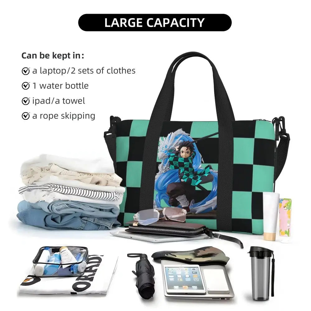 Custom Demons Slayers Anime Manga Beach Tote Bag for Women Tanjiro Kamado Nezuko Big Compartment Gym Beach Travel Bags