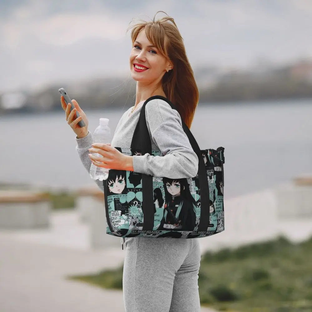 Custom Demons Slayers Anime Manga Beach Tote Bag for Women Tanjiro Kamado Nezuko Big Compartment Gym Beach Travel Bags