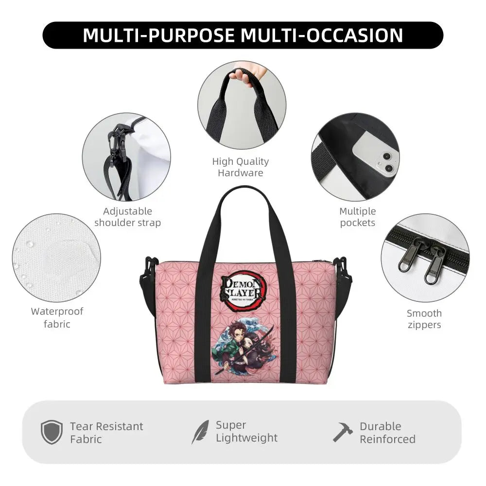 Custom Demons Slayers Anime Manga Beach Tote Bag for Women Tanjiro Kamado Nezuko Big Compartment Gym Beach Travel Bags