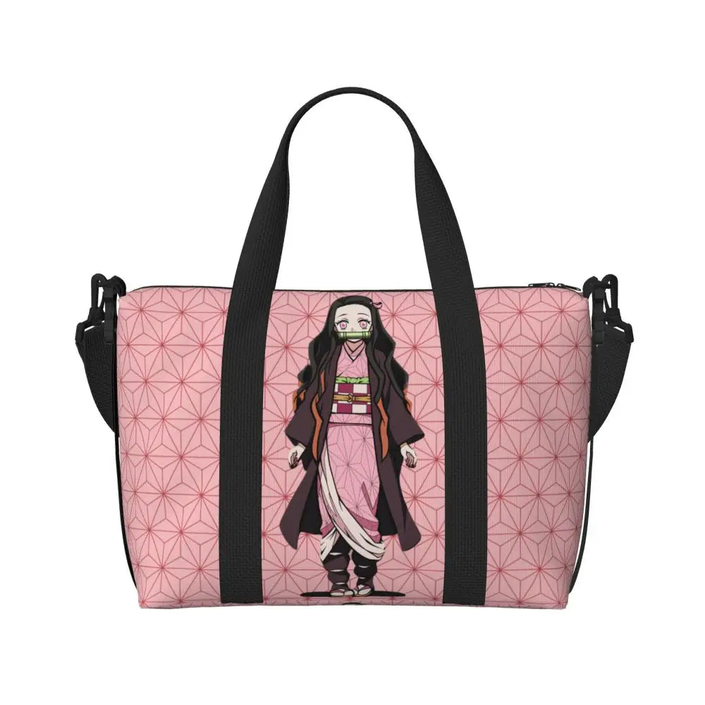 Custom Demons Slayers Anime Manga Beach Tote Bag for Women Tanjiro Kamado Nezuko Big Compartment Gym Beach Travel Bags