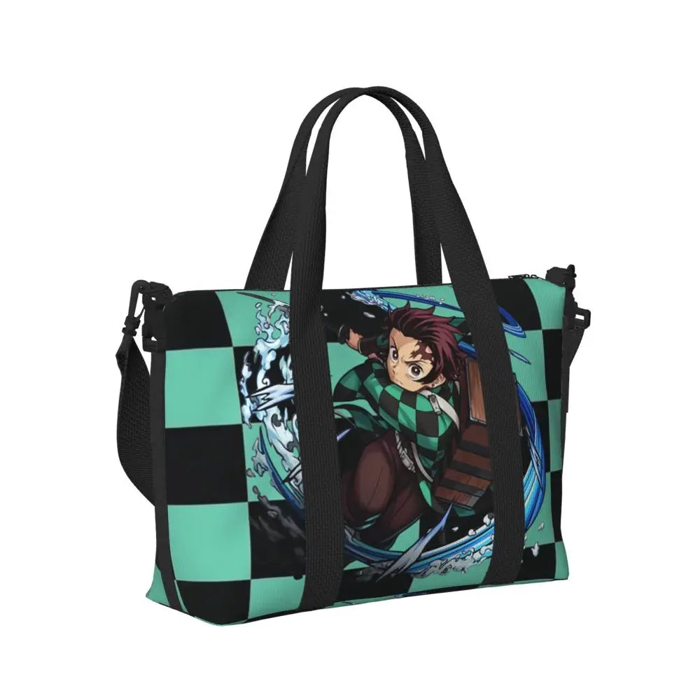 Custom Demons Slayers Anime Manga Beach Tote Bag for Women Tanjiro Kamado Nezuko Big Compartment Gym Beach Travel Bags
