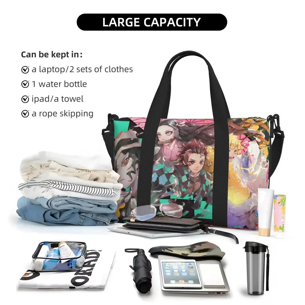 Custom Demons Slayers Anime Manga Beach Tote Bag for Women Tanjiro Kamado Nezuko Big Compartment Gym Beach Travel Bags