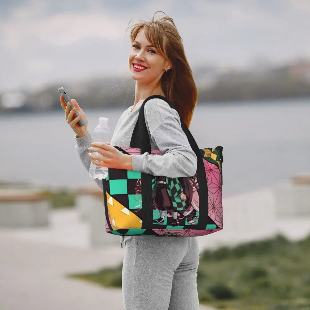Custom Demons Slayers Anime Manga Beach Tote Bag for Women Tanjiro Kamado Nezuko Big Compartment Gym Beach Travel Bags