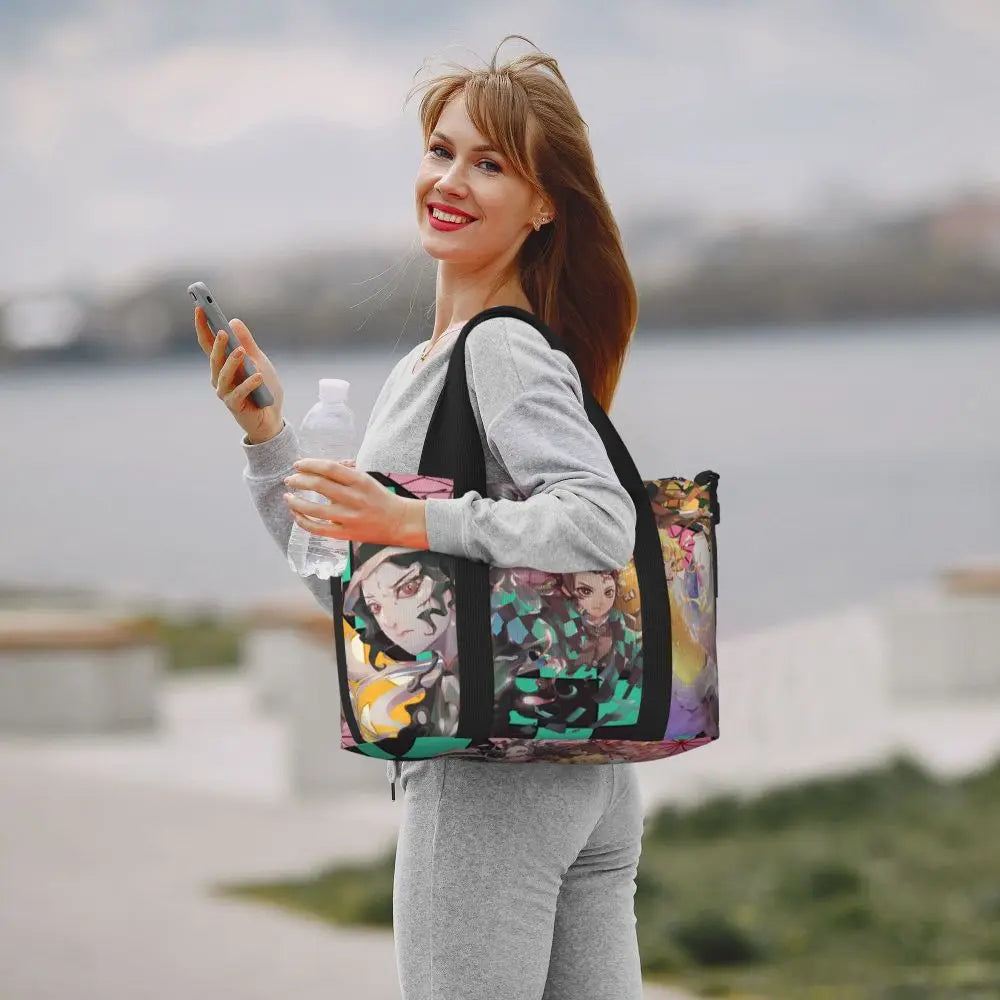Custom Demons Slayers Anime Manga Beach Tote Bag for Women Tanjiro Kamado Nezuko Big Compartment Gym Beach Travel Bags