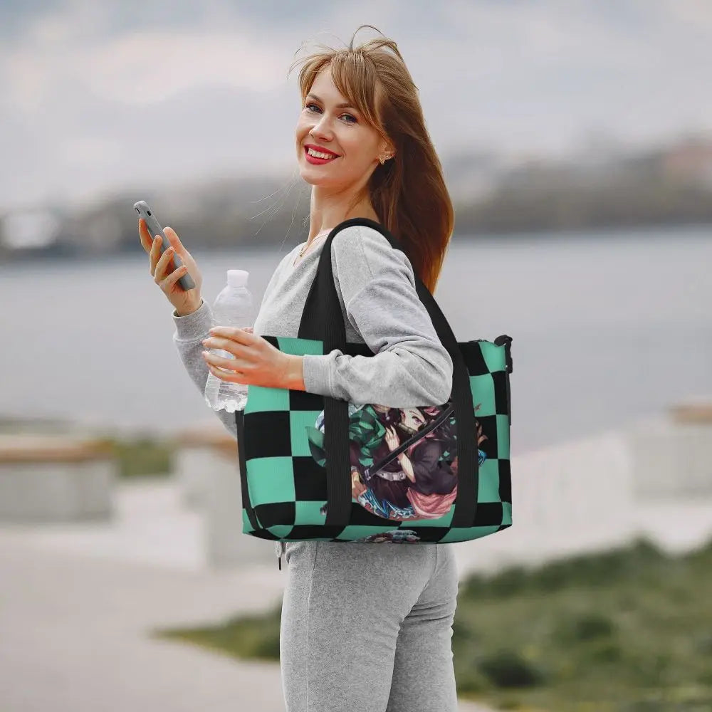 Custom Demons Slayers Anime Manga Beach Tote Bag for Women Tanjiro Kamado Nezuko Big Compartment Gym Beach Travel Bags