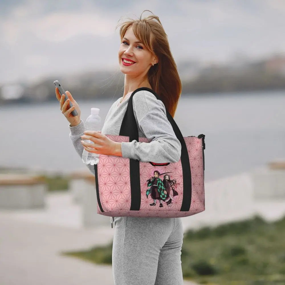 Custom Demons Slayers Anime Manga Beach Tote Bag for Women Tanjiro Kamado Nezuko Big Compartment Gym Beach Travel Bags