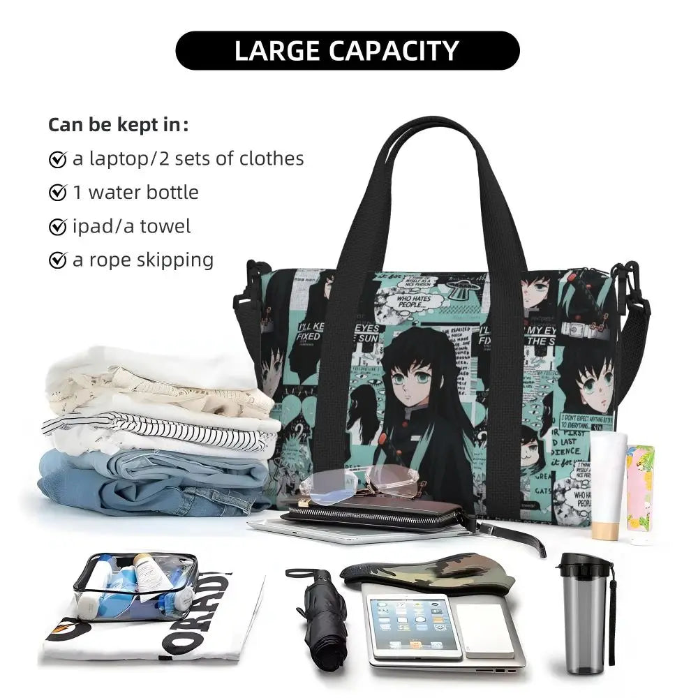 Custom Demons Slayers Anime Manga Beach Tote Bag for Women Tanjiro Kamado Nezuko Big Compartment Gym Beach Travel Bags
