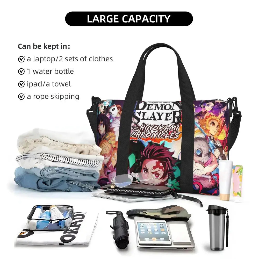 Custom Demons Slayers Anime Manga Beach Tote Bag for Women Tanjiro Kamado Nezuko Big Compartment Gym Beach Travel Bags