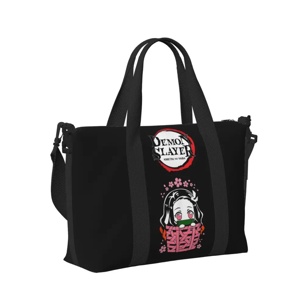 Custom Demons Slayers Anime Manga Beach Tote Bag for Women Tanjiro Kamado Nezuko Big Compartment Gym Beach Travel Bags