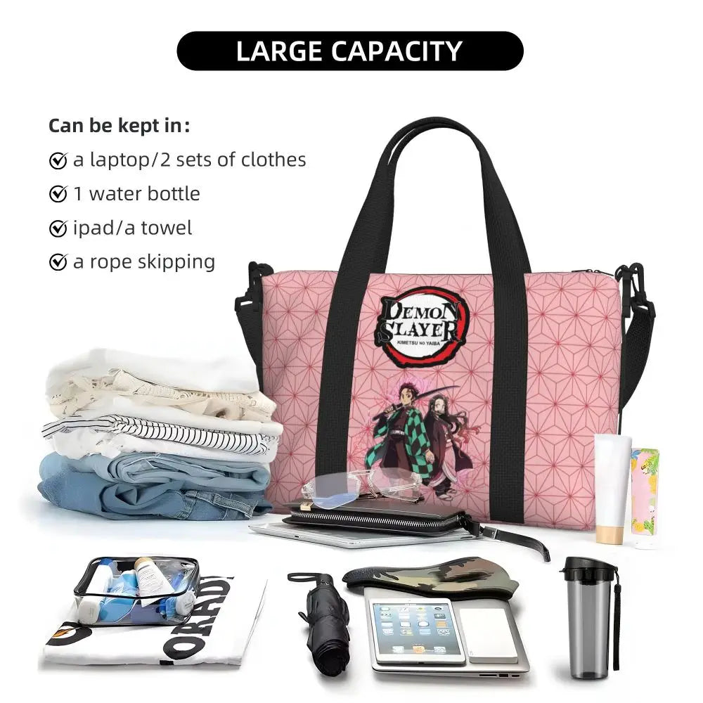 Custom Demons Slayers Anime Manga Beach Tote Bag for Women Tanjiro Kamado Nezuko Big Compartment Gym Beach Travel Bags