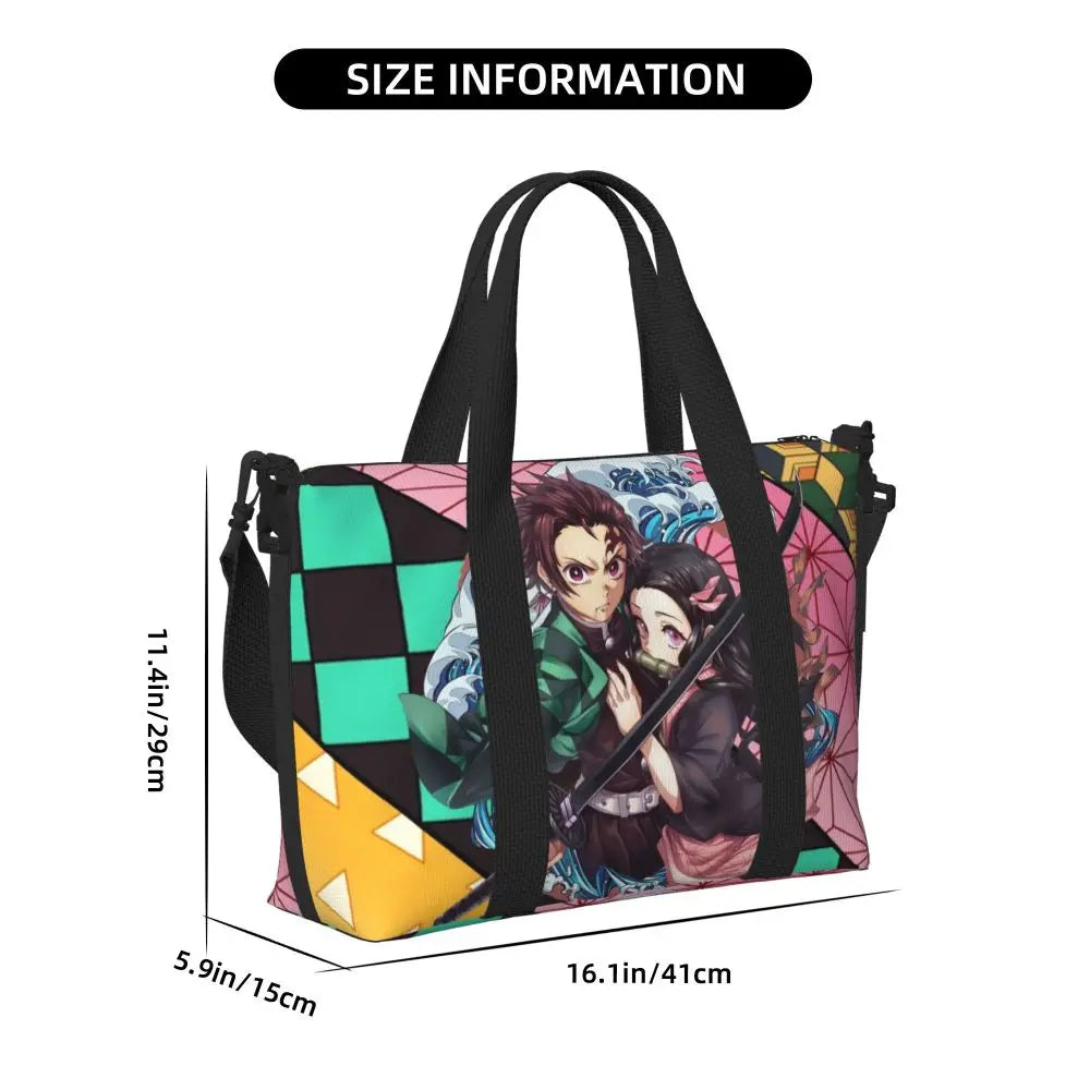 Custom Demons Slayers Anime Manga Beach Tote Bag for Women Tanjiro Kamado Nezuko Big Compartment Gym Beach Travel Bags