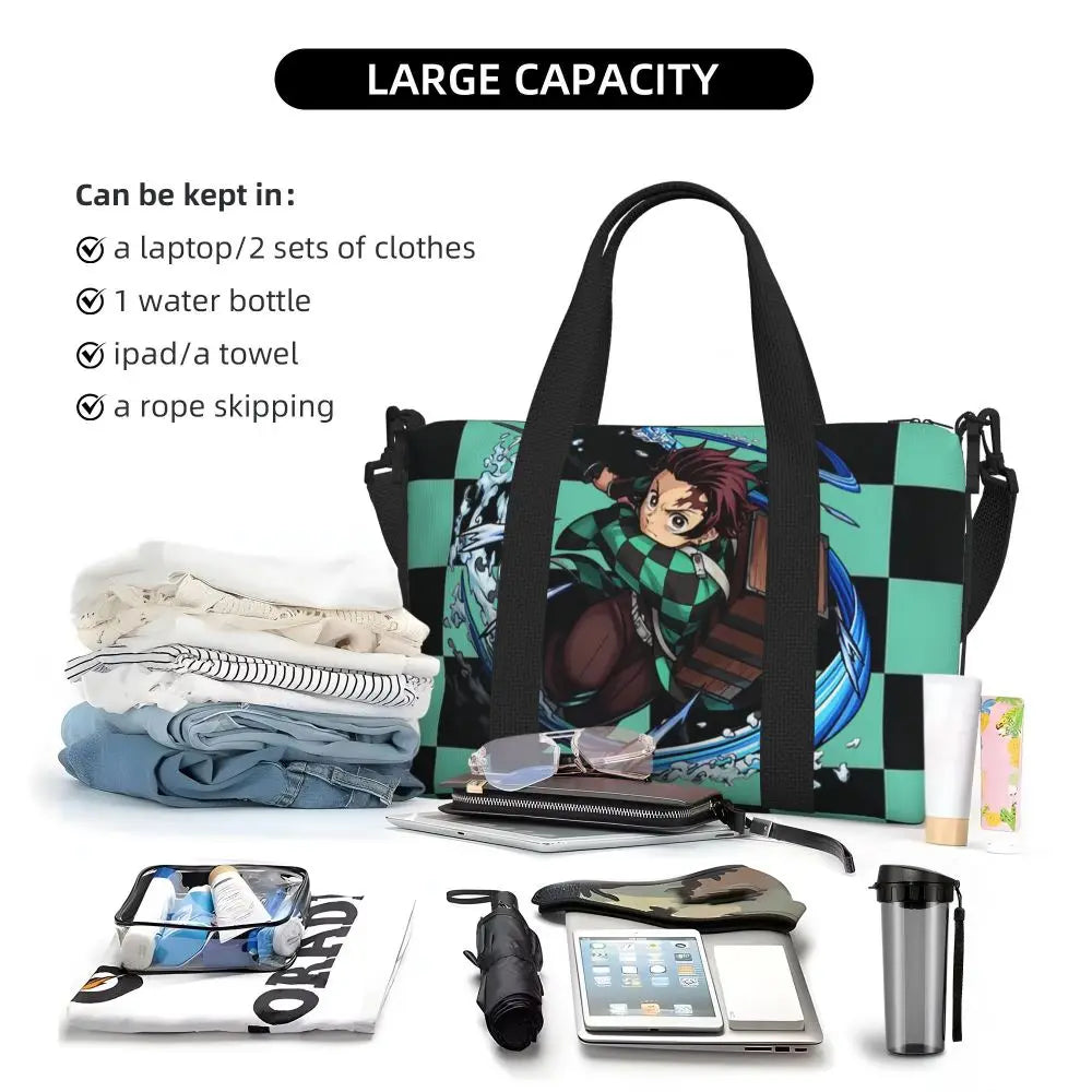 Custom Demons Slayers Anime Manga Beach Tote Bag for Women Tanjiro Kamado Nezuko Big Compartment Gym Beach Travel Bags
