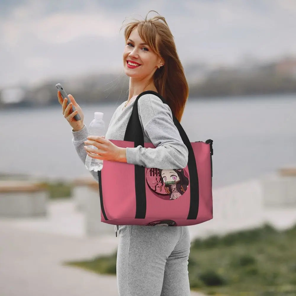 Custom Demons Slayers Anime Manga Beach Tote Bag for Women Tanjiro Kamado Nezuko Big Compartment Gym Beach Travel Bags