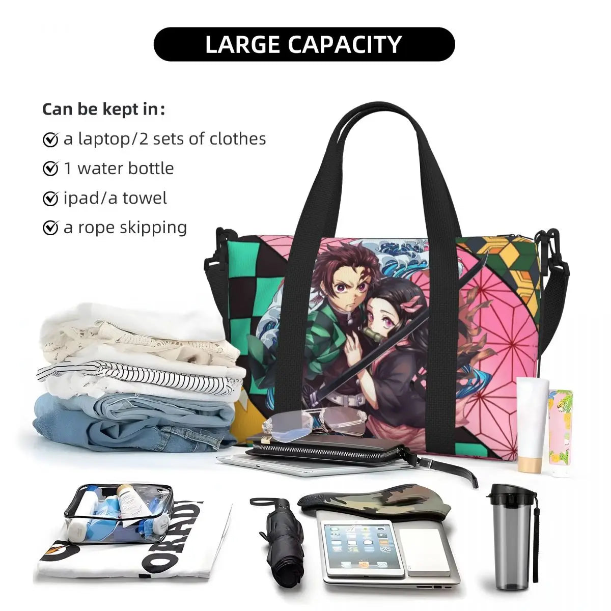 Custom Demons Slayers Anime Manga Beach Tote Bag for Women Tanjiro Kamado Nezuko Big Compartment Gym Beach Travel Bags