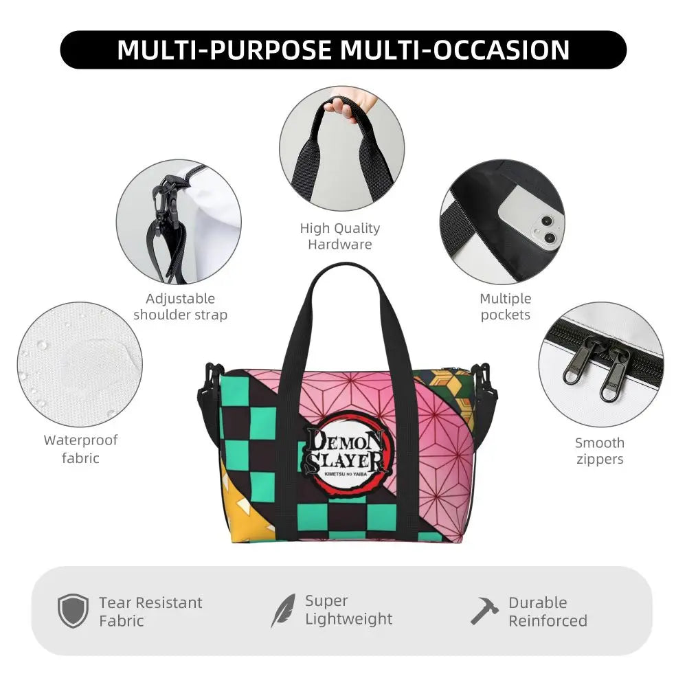 Custom Demons Slayers Anime Manga Beach Tote Bag for Women Tanjiro Kamado Nezuko Big Compartment Gym Beach Travel Bags