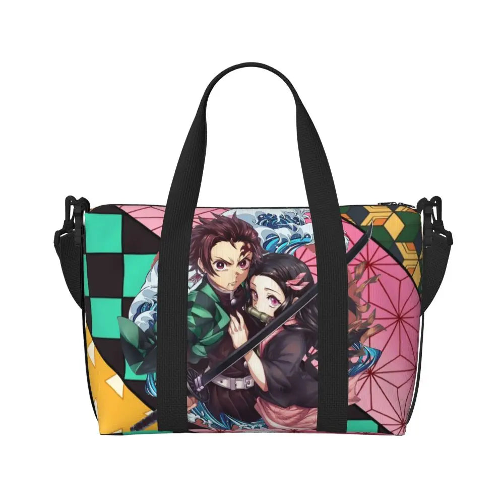 Custom Demons Slayers Anime Manga Beach Tote Bag for Women Tanjiro Kamado Nezuko Big Compartment Gym Beach Travel Bags