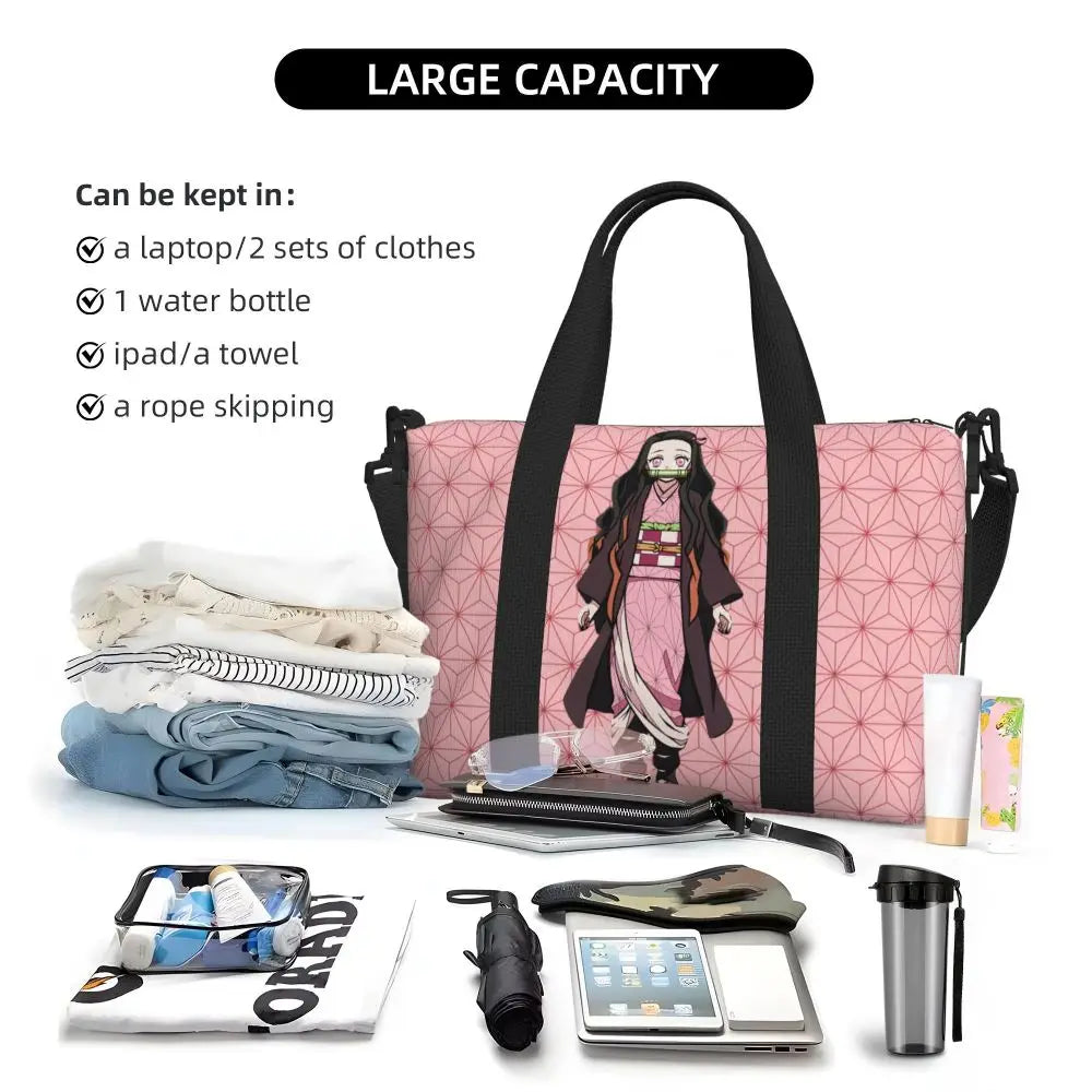 Custom Demons Slayers Anime Manga Beach Tote Bag for Women Tanjiro Kamado Nezuko Big Compartment Gym Beach Travel Bags
