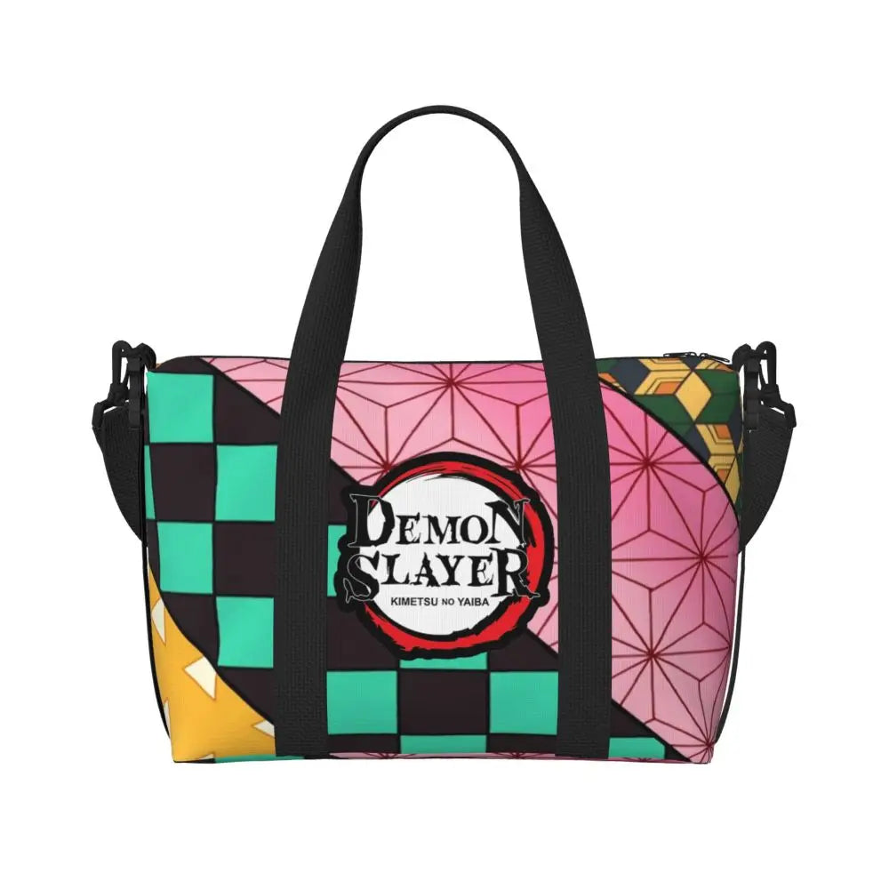 Custom Demons Slayers Anime Manga Beach Tote Bag for Women Tanjiro Kamado Nezuko Big Compartment Gym Beach Travel Bags
