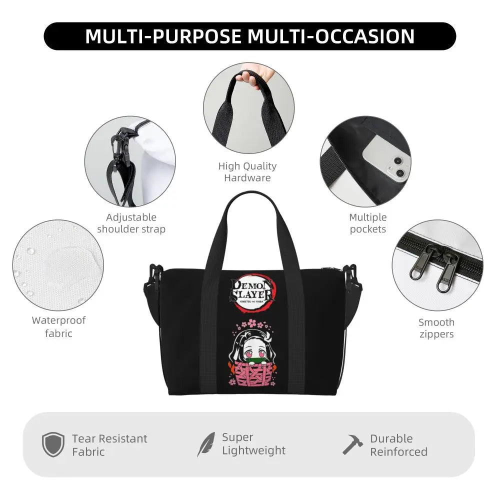 Custom Demons Slayers Anime Manga Beach Tote Bag for Women Tanjiro Kamado Nezuko Big Compartment Gym Beach Travel Bags