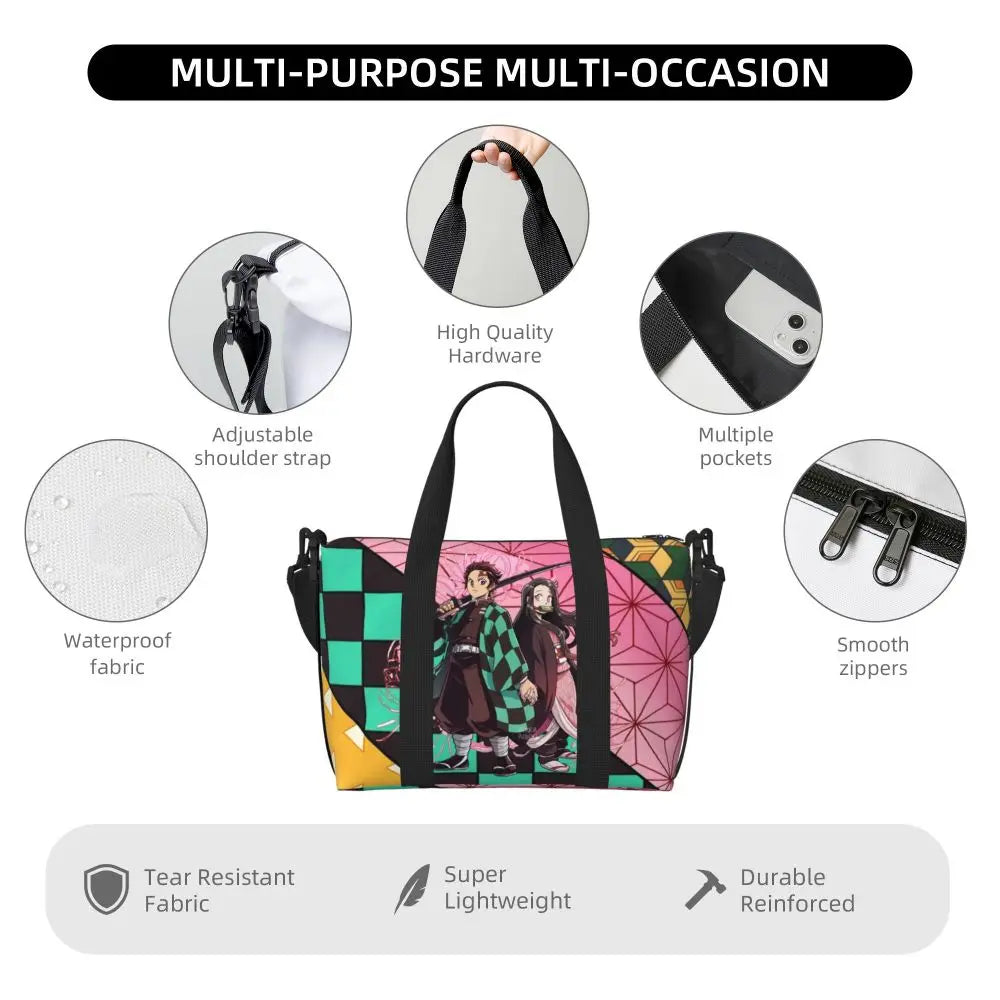 Custom Demons Slayers Anime Manga Beach Tote Bag for Women Tanjiro Kamado Nezuko Big Compartment Gym Beach Travel Bags