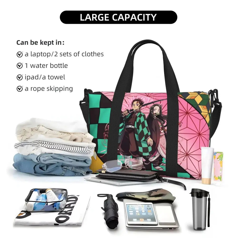 Custom Demons Slayers Anime Manga Beach Tote Bag for Women Tanjiro Kamado Nezuko Big Compartment Gym Beach Travel Bags