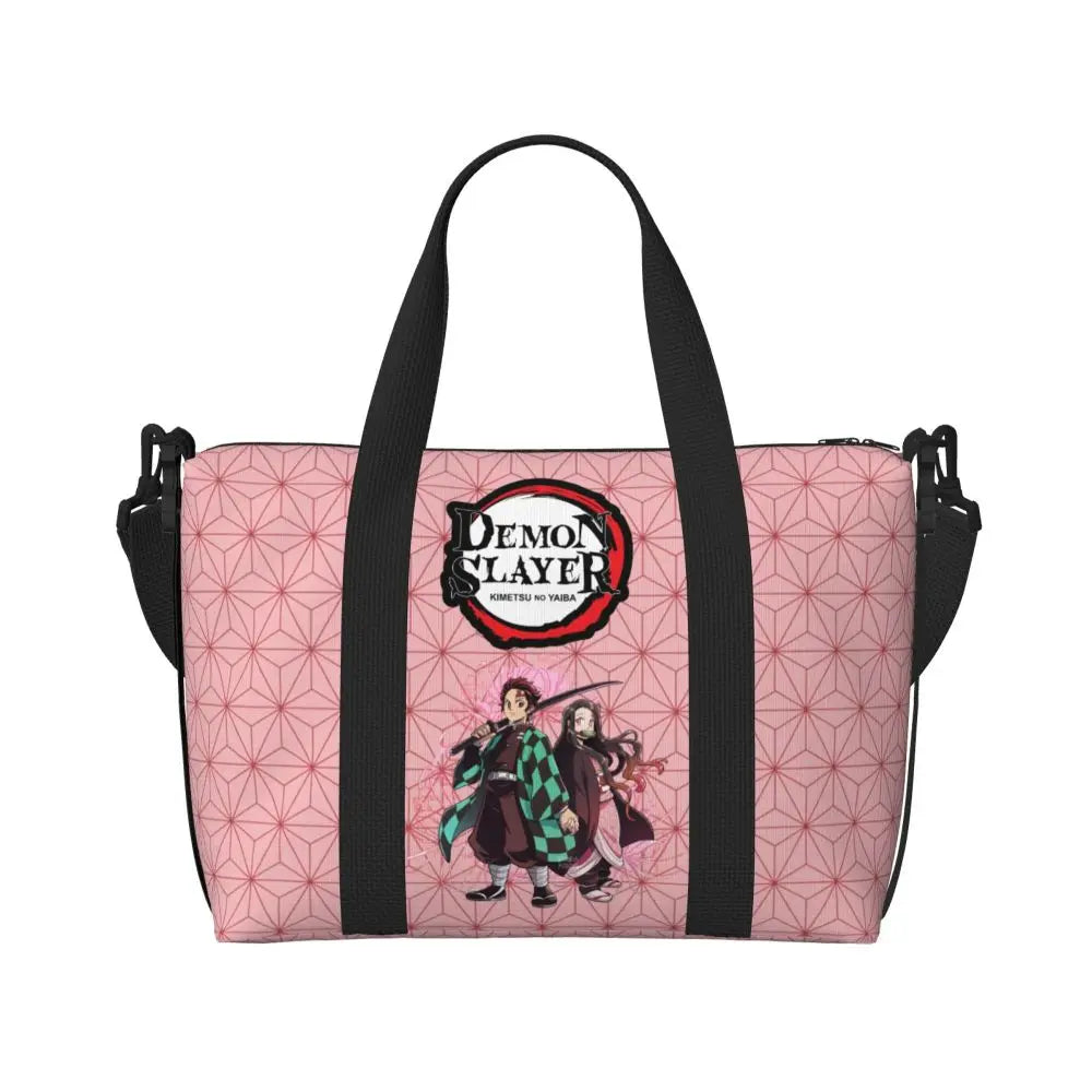 Custom Demons Slayers Anime Manga Beach Tote Bag for Women Tanjiro Kamado Nezuko Big Compartment Gym Beach Travel Bags