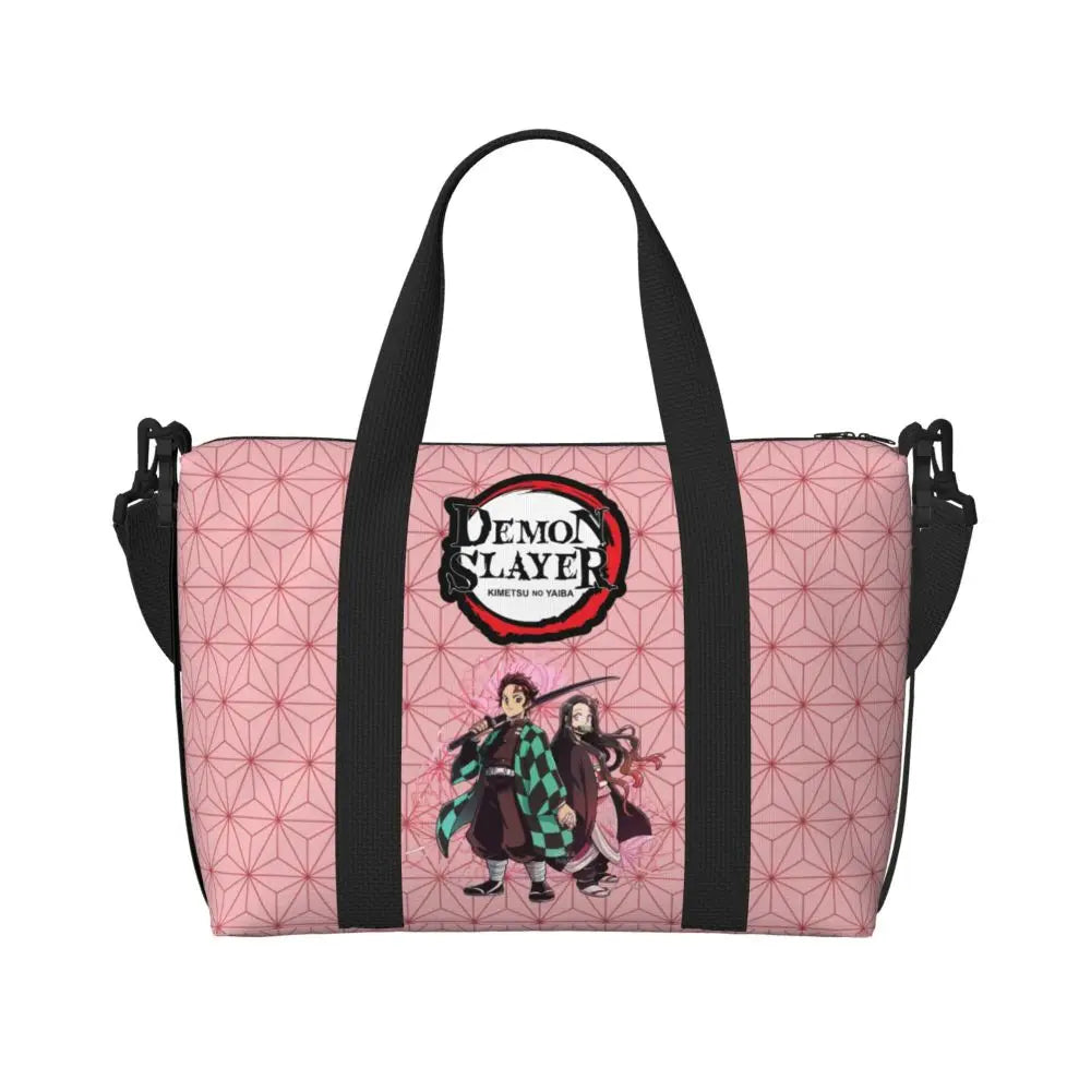 Custom Demons Slayers Anime Manga Beach Tote Bag for Women Tanjiro Kamado Nezuko Big Compartment Gym Beach Travel Bags