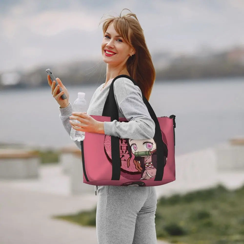 Custom Demons Slayers Anime Manga Beach Tote Bag for Women Tanjiro Kamado Nezuko Big Compartment Gym Beach Travel Bags
