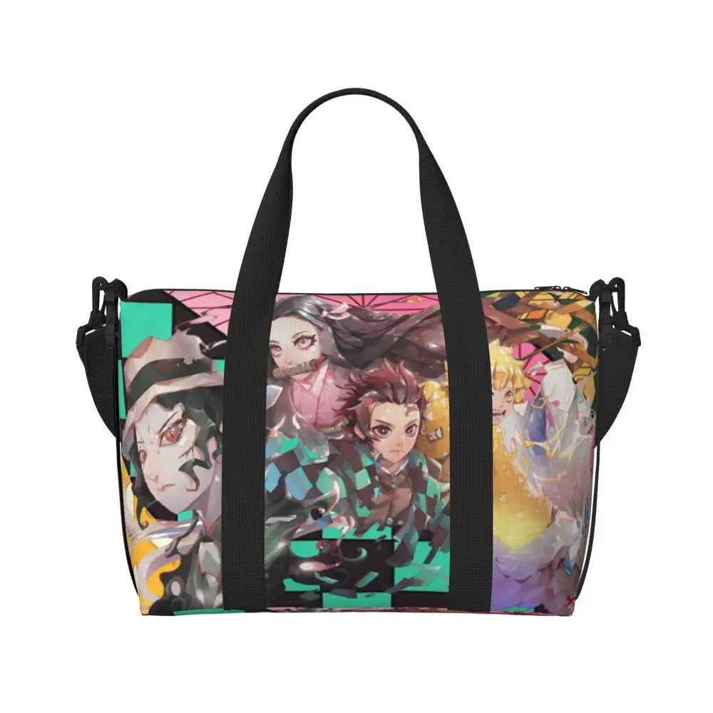 Custom Demons Slayers Anime Manga Beach Tote Bag for Women Tanjiro Kamado Nezuko Big Compartment Gym Beach Travel Bags