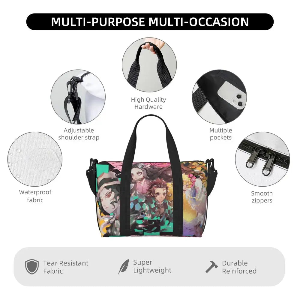 Custom Demons Slayers Anime Manga Beach Tote Bag for Women Tanjiro Kamado Nezuko Big Compartment Gym Beach Travel Bags