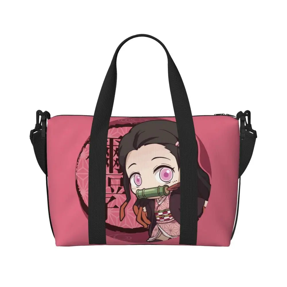 Custom Demons Slayers Anime Manga Beach Tote Bag for Women Tanjiro Kamado Nezuko Big Compartment Gym Beach Travel Bags