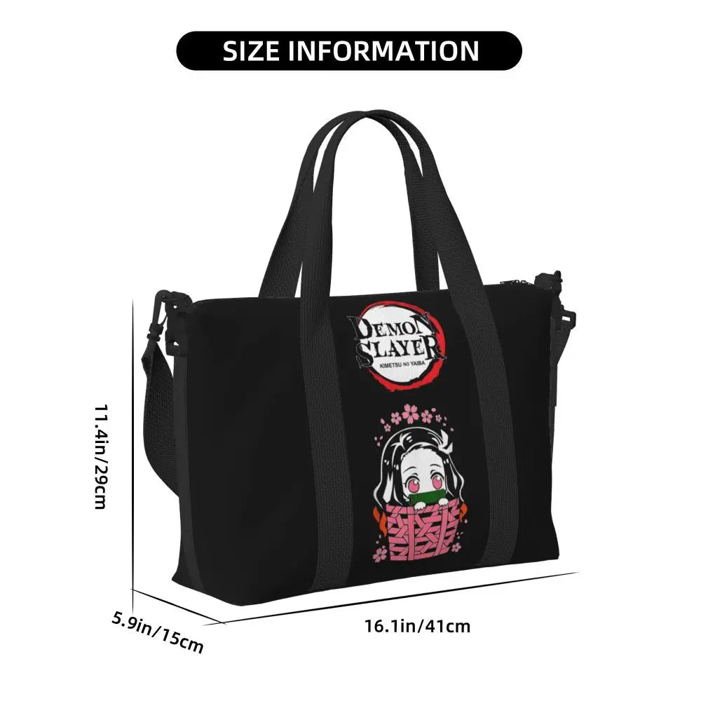 Custom Demons Slayers Anime Manga Beach Tote Bag for Women Tanjiro Kamado Nezuko Big Compartment Gym Beach Travel Bags