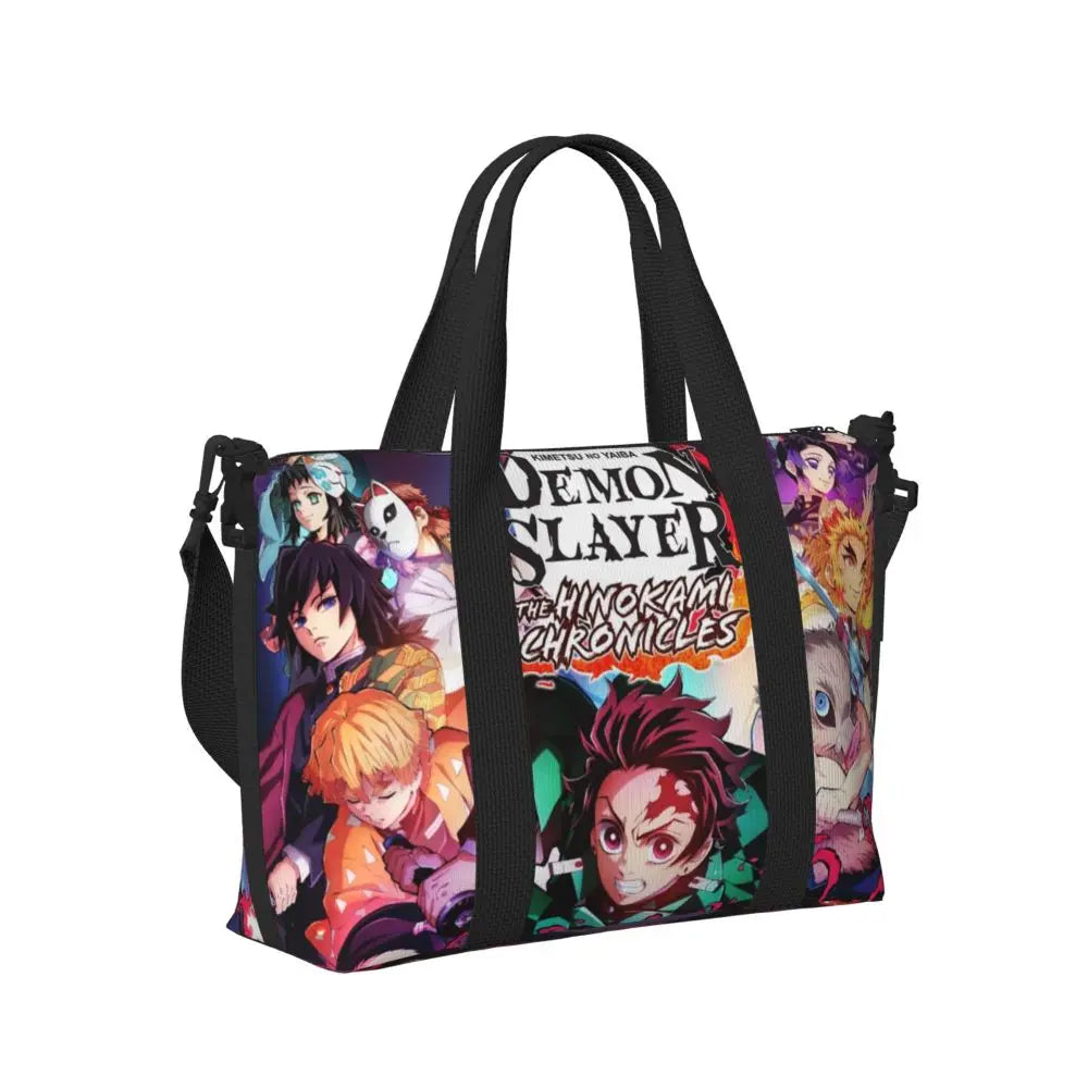 Custom Demons Slayers Anime Manga Beach Tote Bag for Women Tanjiro Kamado Nezuko Big Compartment Gym Beach Travel Bags
