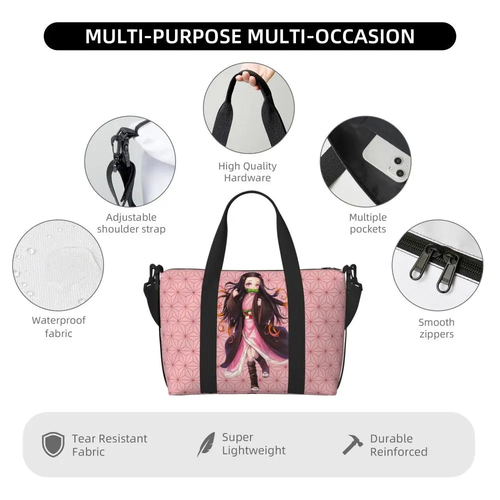 Custom Demons Slayers Anime Manga Beach Tote Bag for Women Tanjiro Kamado Nezuko Big Compartment Gym Beach Travel Bags