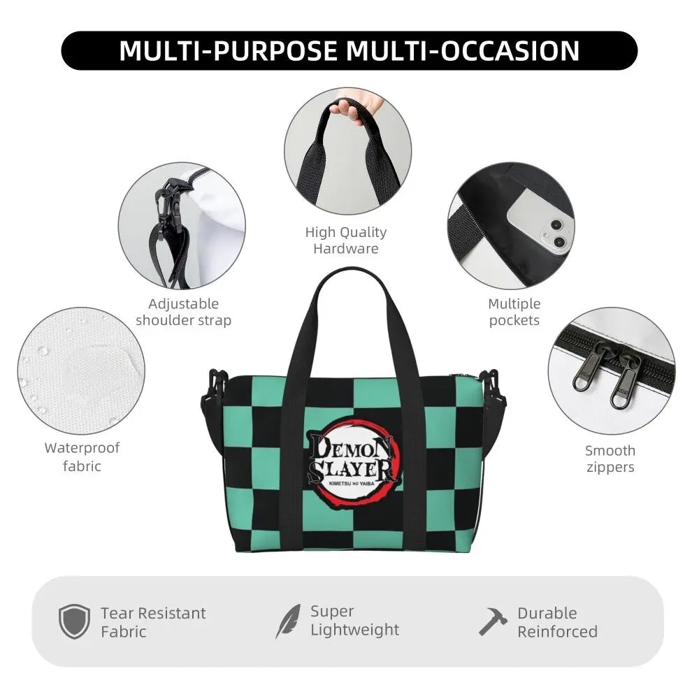 Custom Demons Slayers Anime Manga Beach Tote Bag for Women Tanjiro Kamado Nezuko Big Compartment Gym Beach Travel Bags
