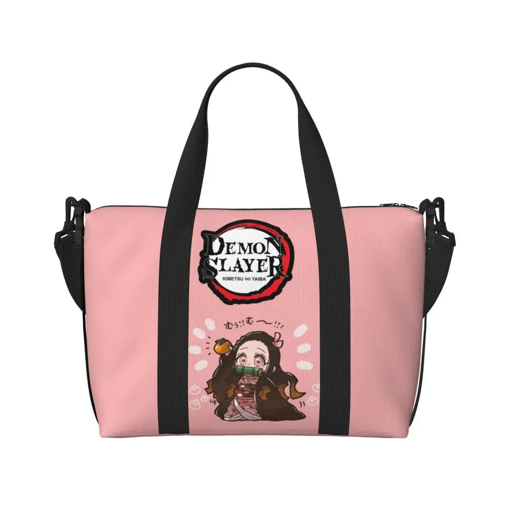 Custom Demons Slayers Anime Manga Beach Tote Bag for Women Tanjiro Kamado Nezuko Big Compartment Gym Beach Travel Bags