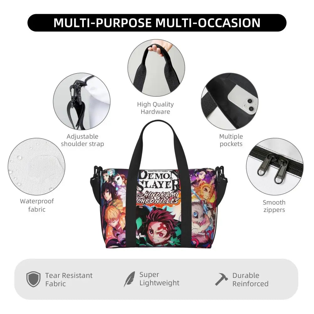 Custom Demons Slayers Anime Manga Beach Tote Bag for Women Tanjiro Kamado Nezuko Big Compartment Gym Beach Travel Bags