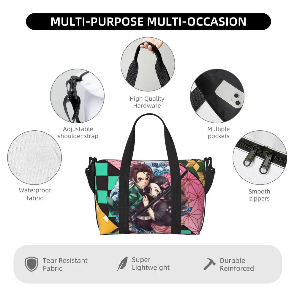 Custom Demons Slayers Anime Manga Beach Tote Bag for Women Tanjiro Kamado Nezuko Big Compartment Gym Beach Travel Bags