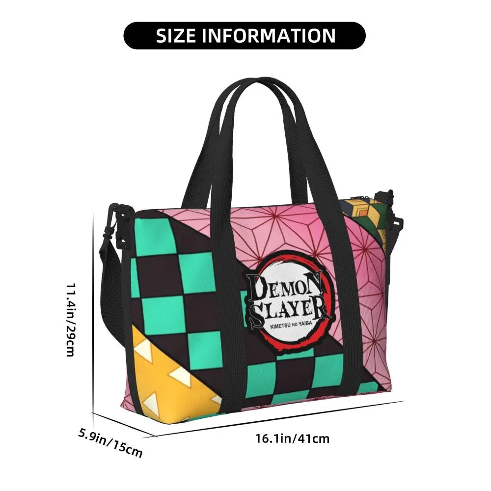 Custom Demons Slayers Anime Manga Beach Tote Bag for Women Tanjiro Kamado Nezuko Big Compartment Gym Beach Travel Bags