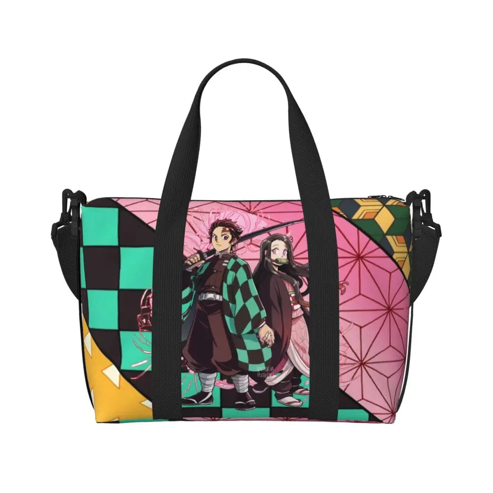 Custom Demons Slayers Anime Manga Beach Tote Bag for Women Tanjiro Kamado Nezuko Big Compartment Gym Beach Travel Bags